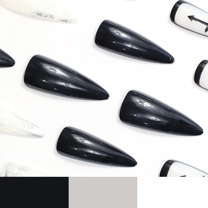 24Pcs Long French Press-On Nails - Dark Edgy & Elegant Fake Nail Set