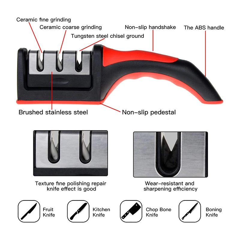 Multi-Function 3-Stage Knife Sharpener with Non-Slip Base Handheld Kitchen Tool
