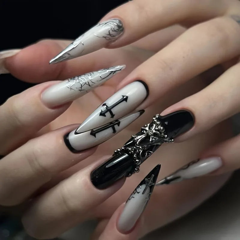 24Pcs Long French Press-On Nails - Dark Edgy & Elegant Fake Nail Set