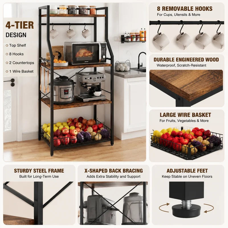 4-Tier Kitchen Storage Rack with Microwave Stand and Hooks - Industrial Style Organizer