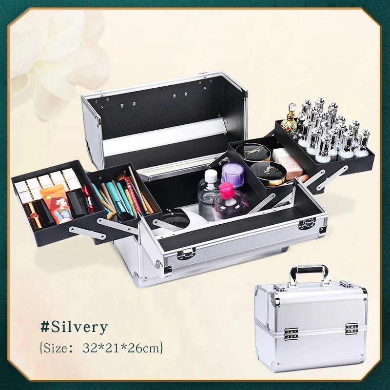 Makeup Train Box with Adjustable Trays Lockable Cosmetic Storage Organizer