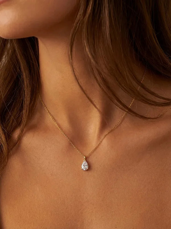 Sterling Silver Pear Shape Zircon Necklace for Women Engagement Wedding Minimalist Jewelry