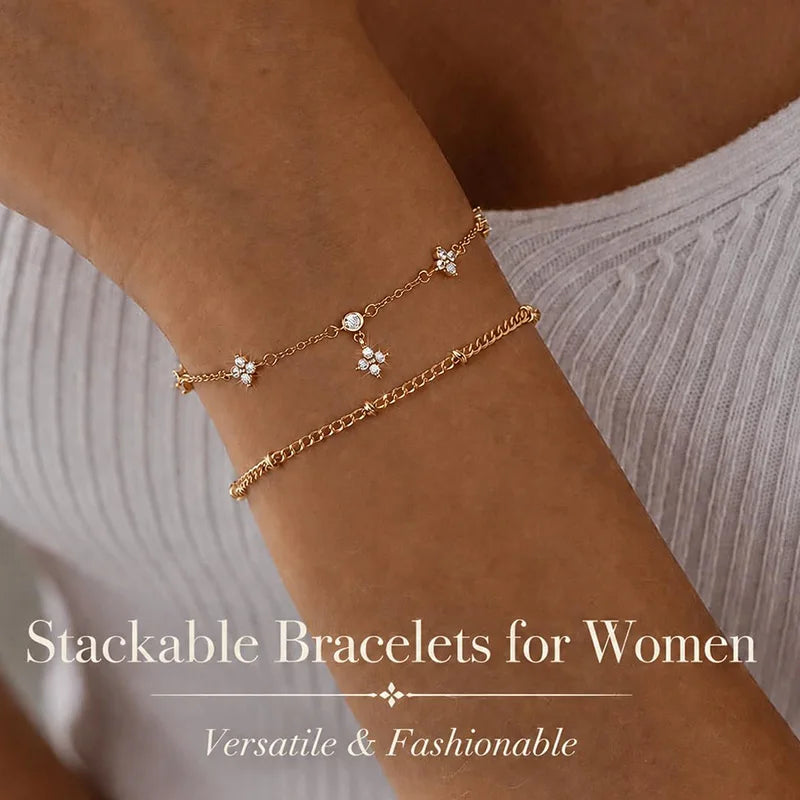 925 Sterling Silver Dainty Bracelet with CZ Stones, 14K Gold Plated Waterproof Chain for Women