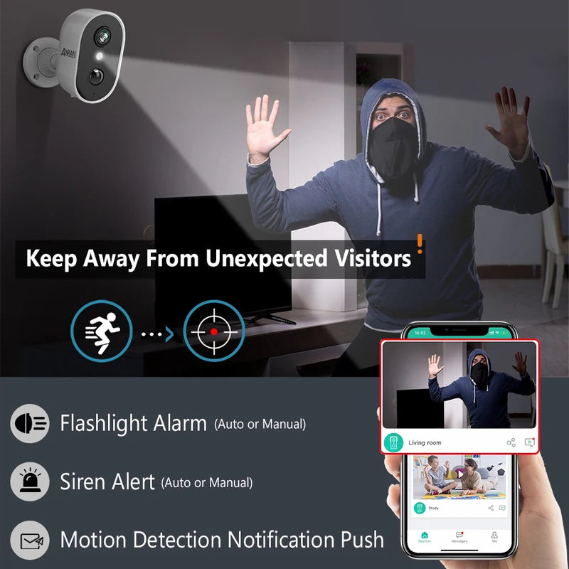 Wireless Security Camera with 2K Resolution, IP65 Weatherproof, PIR Motion Detection