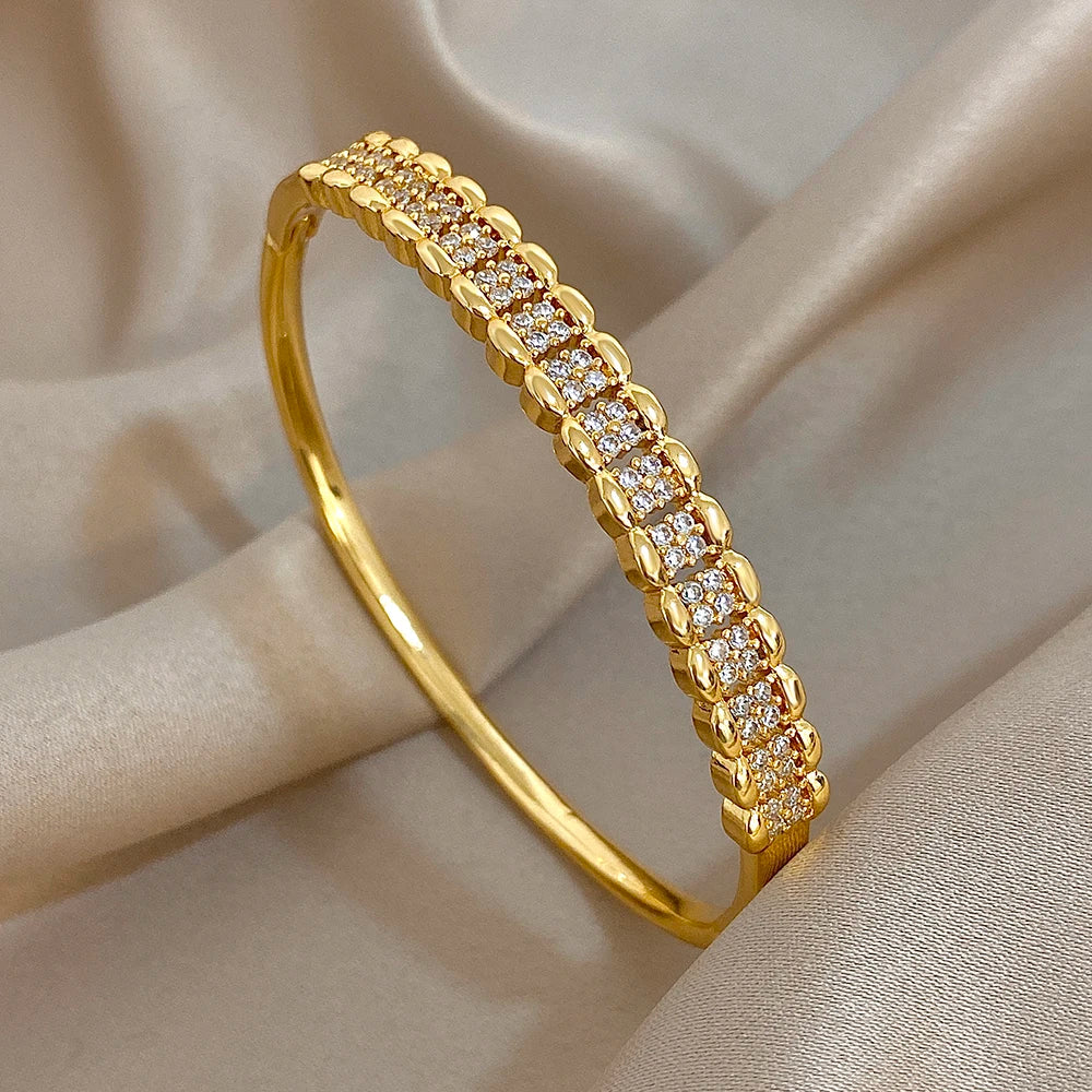 Multilayer Zircon Cuff Bracelet for Women Gold Plated Copper Jewelry