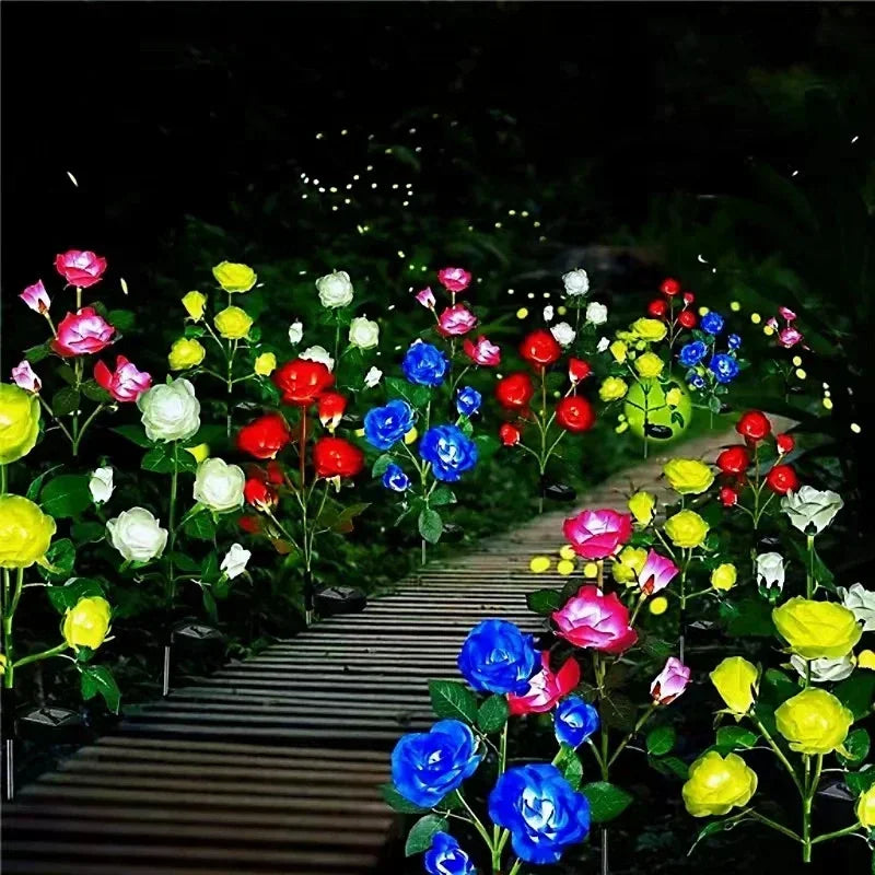 Solar LED Garden Ground Light with Artificial Rose Flower for Outdoor Yard Patio Decoration