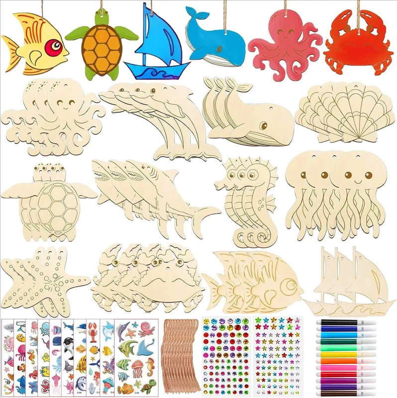 Kids Wooden Craft Kit with Paint Pens & Stickers for DIY Plant & Insect Shapes, Family Art Activity, Hanging Decor