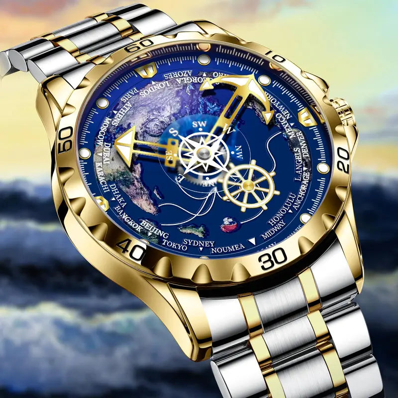 Automatic Mechanical Watch with Globe Dial for Men - Gold, Silver & Black Variants