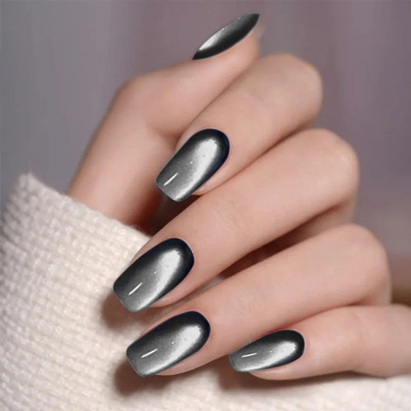 120Pcs Black Cat Eye Fake Nails Glossy Short Square Press-On Manicure Halloween