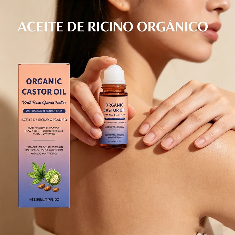 Organic Castor Oil with Rose Quartz Roller - Moisturizing Body, Face & Hair Serum 50ml