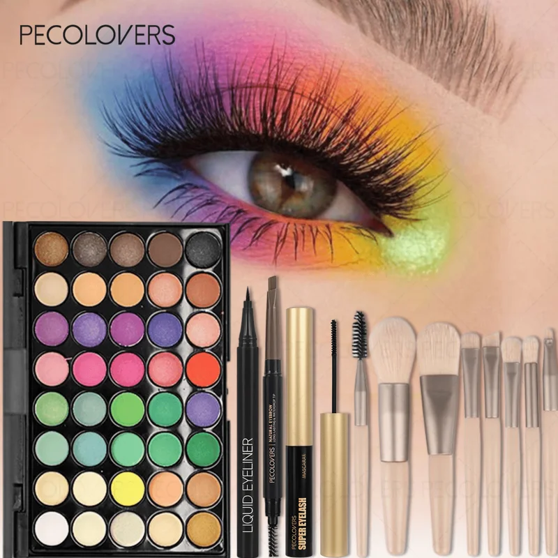 12-Piece Eye & Brow Makeup Set with 40 Shades, Waterproof Liquid Eyeliner, Mascara & Brushes
