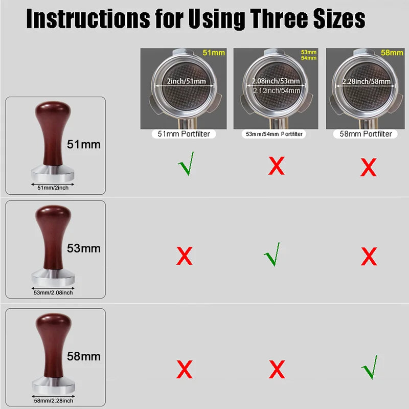 Coffee Tamper with Flat Base and Wooden Handle | Adjustable Sizes 51mm-58mm