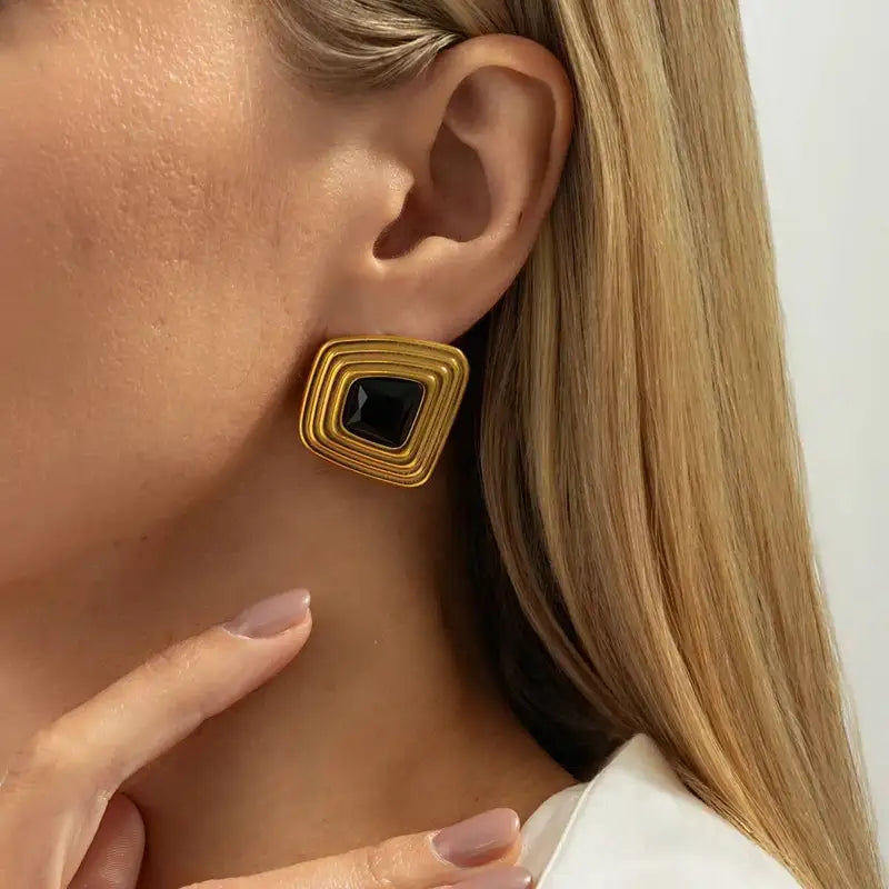 Vintage Irregular Geometric Square Stud Earrings for Women Black Acrylic Rhinestones