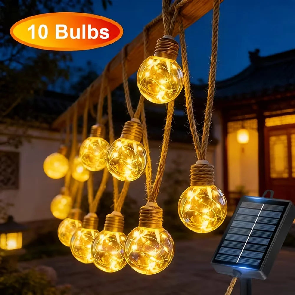 Solar Powered Rope String Lights Outdoor Garden Decor with 8 Modes - Hemp & Plastic Bulbs