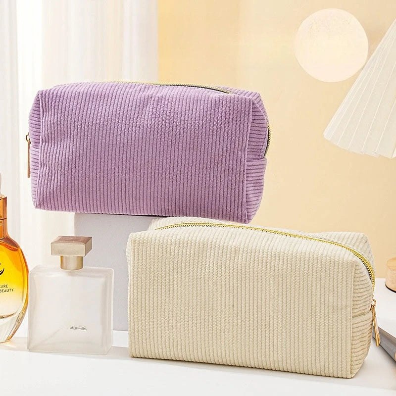 Corduroy Cosmetic Bag for Travel and School - Spacious Makeup & Pencil Organizer