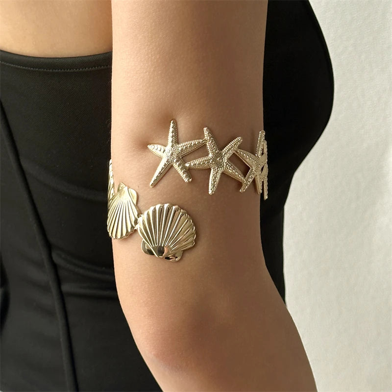 Sea Star Starfish Shell Upper Arm Bracelet for Women Beach Vacation Jewelry Adjustable Nautical Armlet