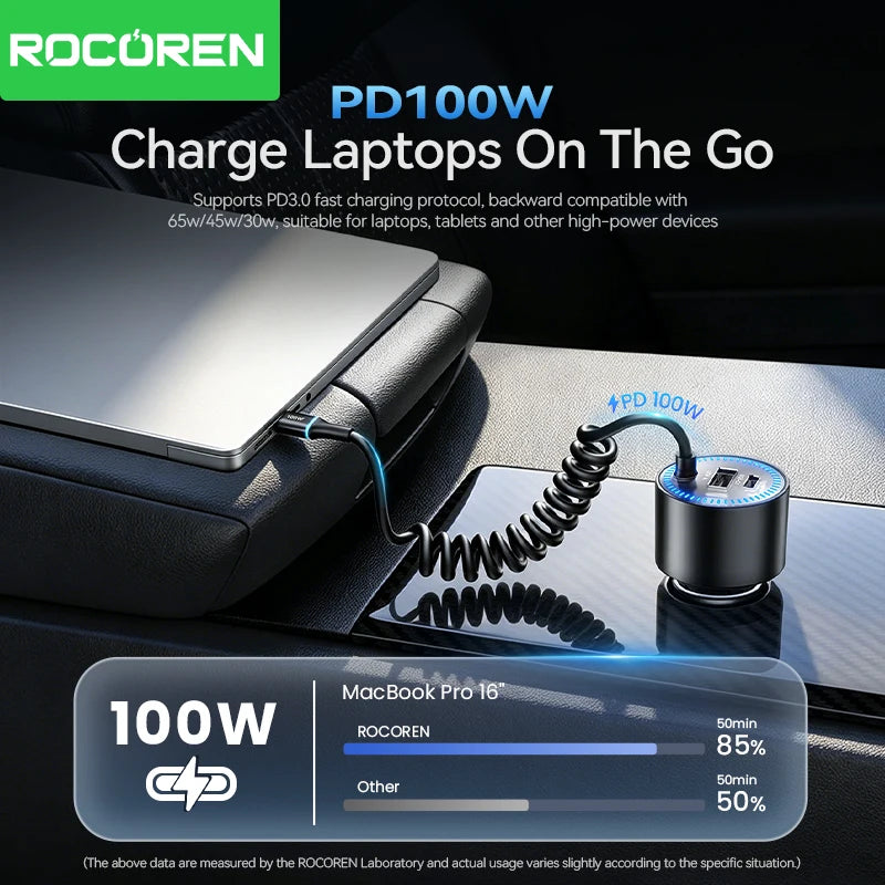 200W Car Charger Fast Charging PD 100W USB-C Power Adapter with Spring Cable