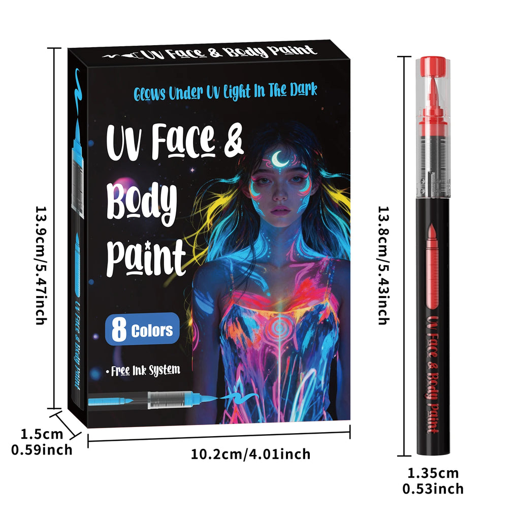 8-Color UV Fluorescent Body Paint Pens - Washable Glow Tattoo & Face Markers