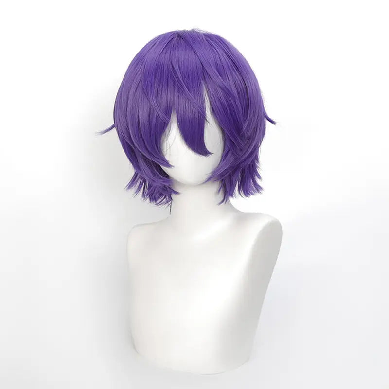 Short Cosplay Wig 12 Inch Blue and Purple Wavy Bob with Bangs Anime Hair Heat Resistant Synthetic Fiber