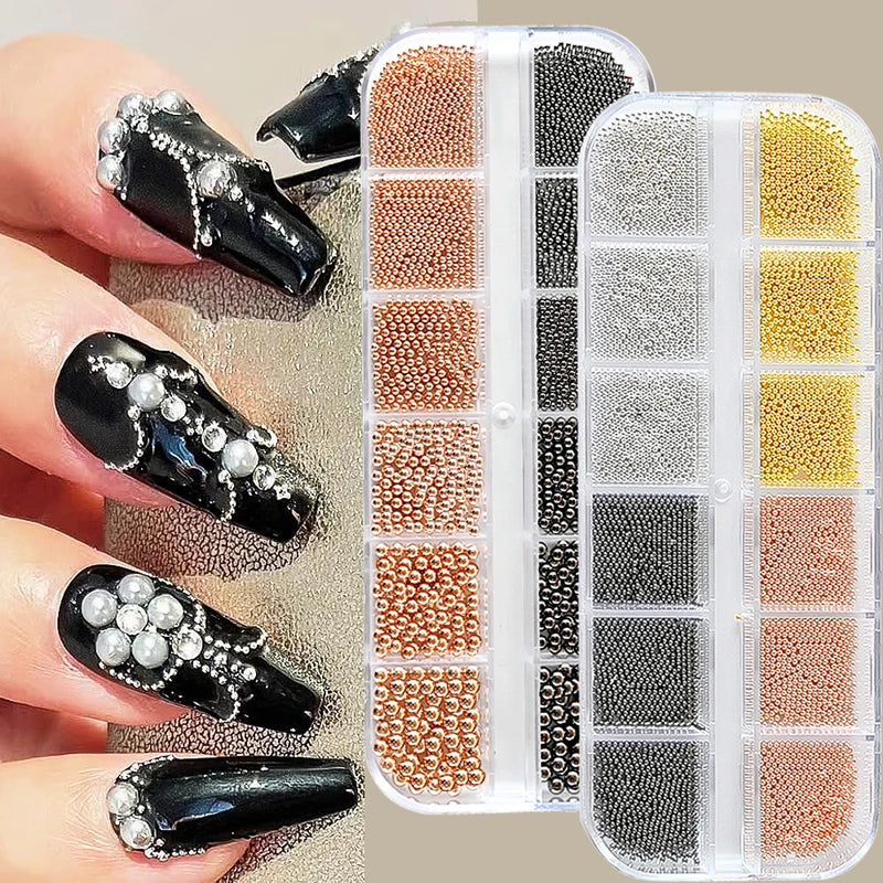 Mini Caviar Nail Art Beads Set with Magnetic Pen - Metal Micro Balls for 3D Nail Decorations
