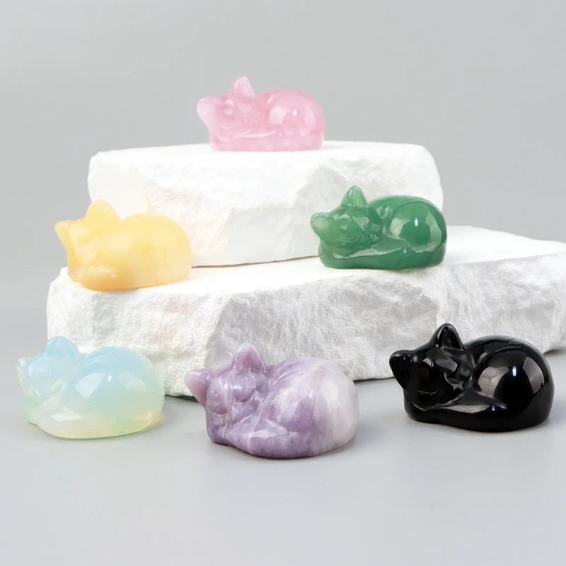 Crystal Energy Cat Figurines Set - Natural Stones Chakra Home Decor
