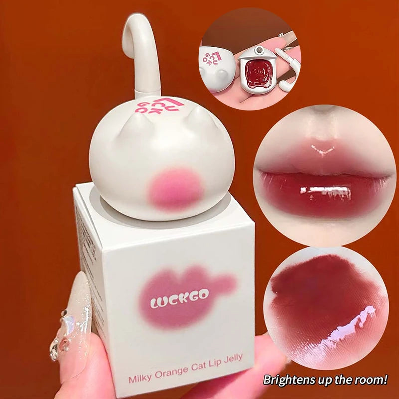 Cute Cat Shaped Mirror Lip Gloss with Brush - Clear Non-Stick Lip Balm