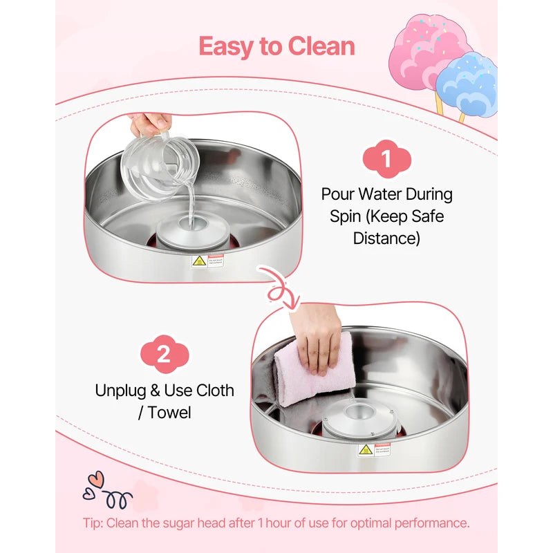 Commercial Cotton Candy Machine 1000W with 15-Inch Stainless Steel Bowl - Easy Operation
