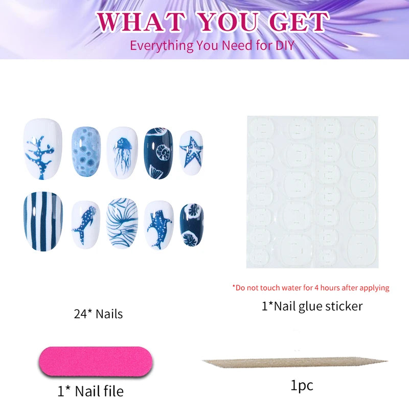 Oceanic Style Short Oval Whale & Star French Press Nails - 24 Pieces