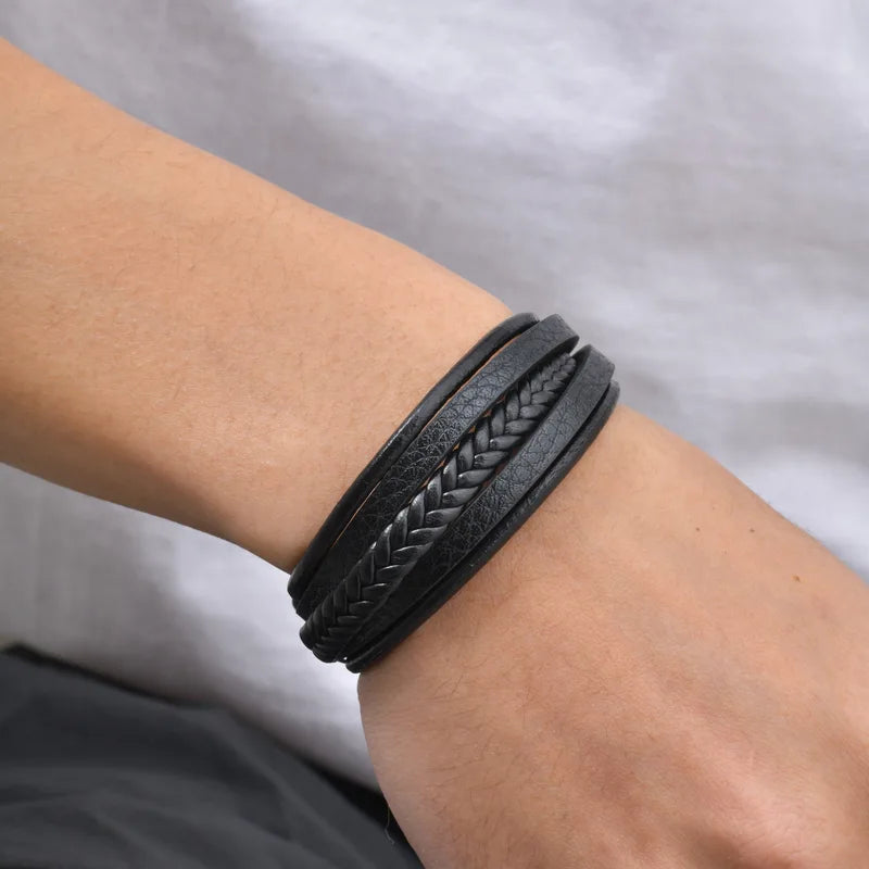 Multi Layer Braided Rope Bracelets for Men - Handmade Leather Wristband with Magnetic Buckle, Trendy Punk Jewelry Gift