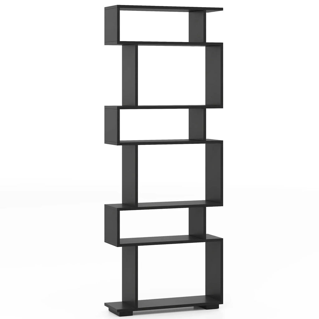 6-Tier S-Shaped Geometric Bookcase with Anti-Tip Kits, Space-Saving Storage Shelf