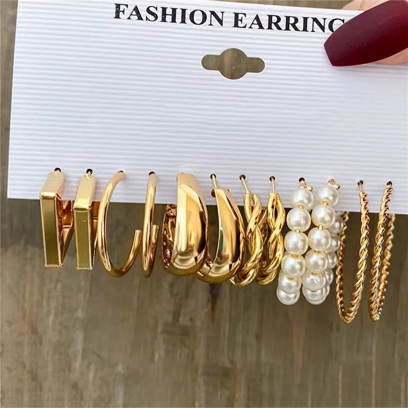 Geometric Hoop Earrings Set for Women Vintage Bohemian Pearl Gold Jewelry Gift