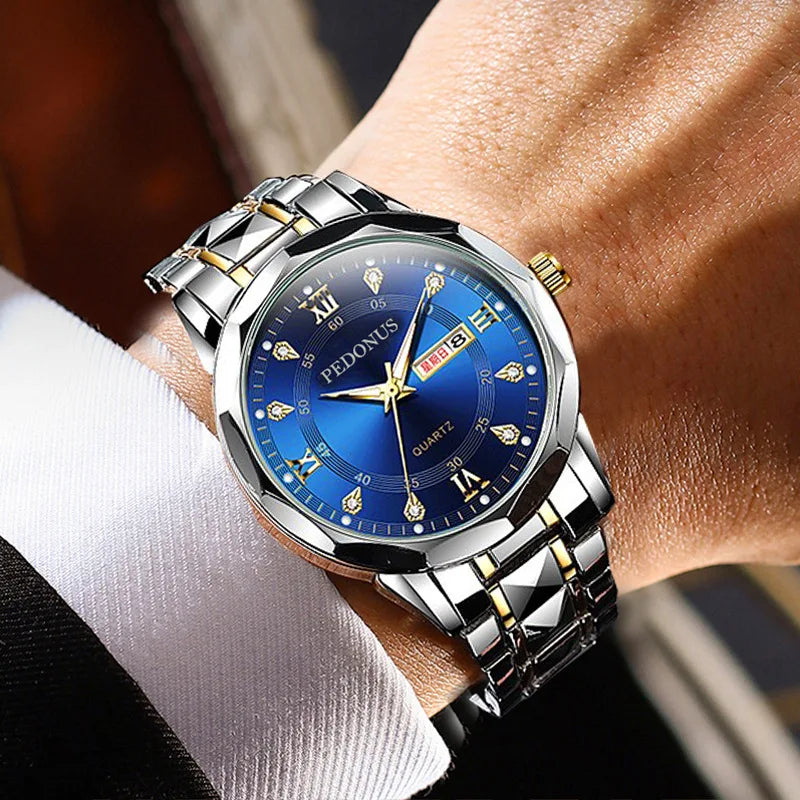 Men's Business Quartz Wristwatch with Steel Band Dual Calendar High Quality