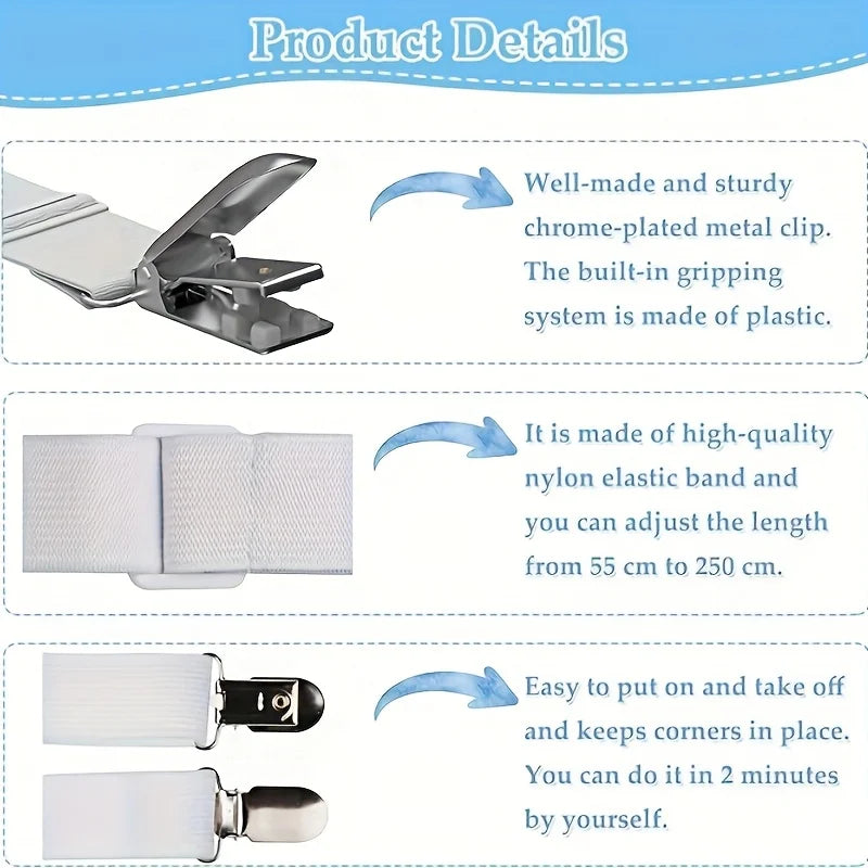 4 Pack Adjustable Bed Sheet Tensioners - Elastic Straps for Bed Sheets