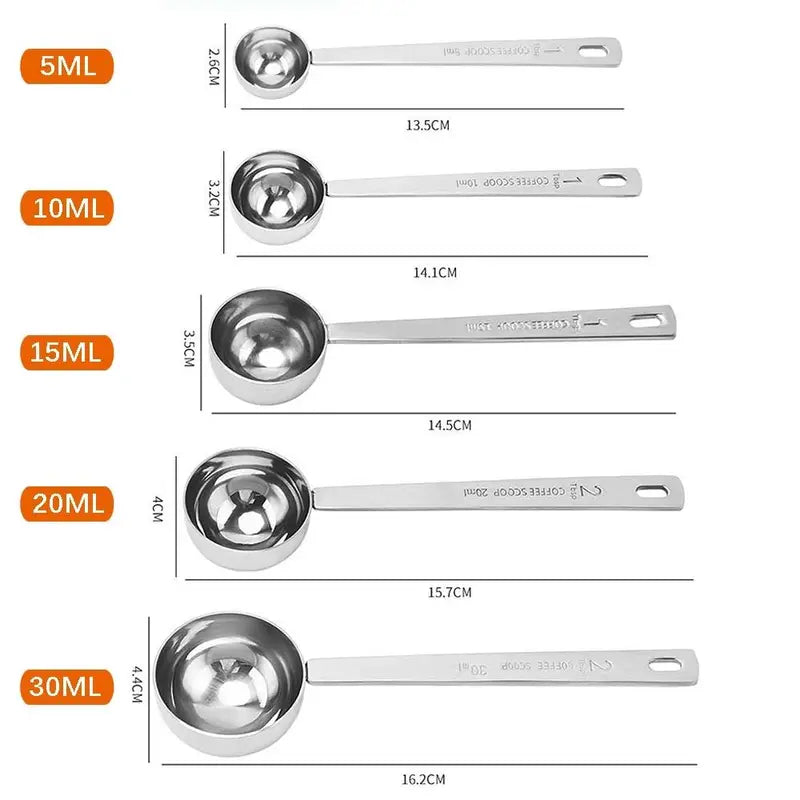 Stainless Steel Coffee Scoop Measuring Spoon Set - 5ML to 30ML, Multiple Colors