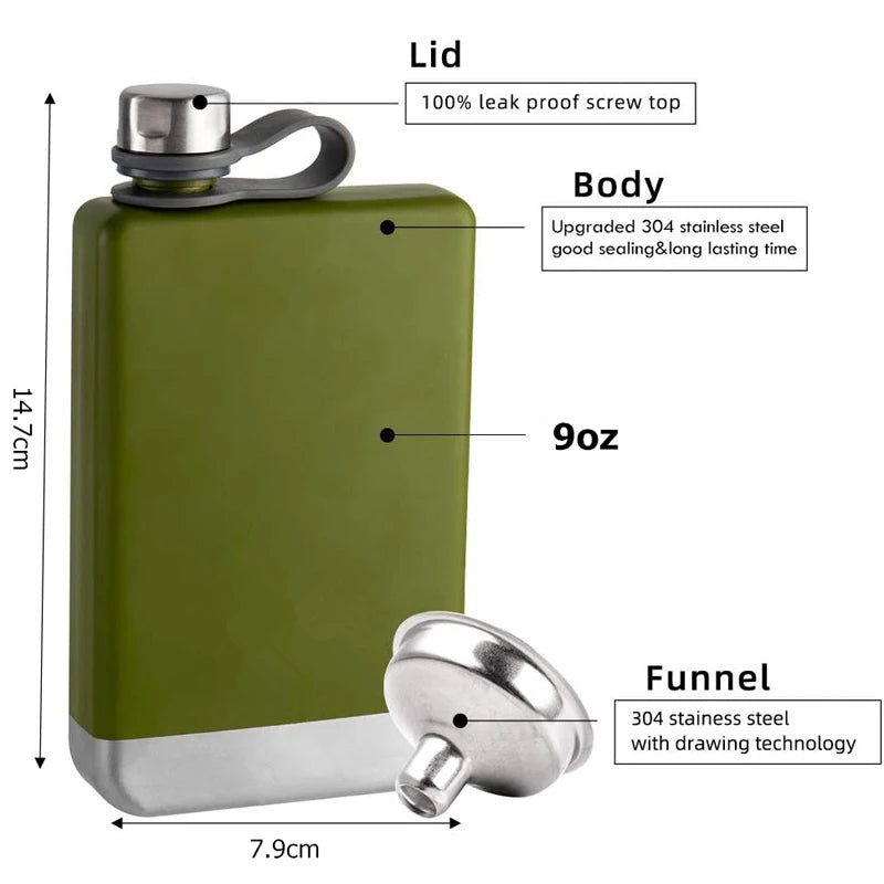 Premium 9oz Stainless Steel Hip Flask with Funnel - Leakproof Whiskey & Liquor Bottle