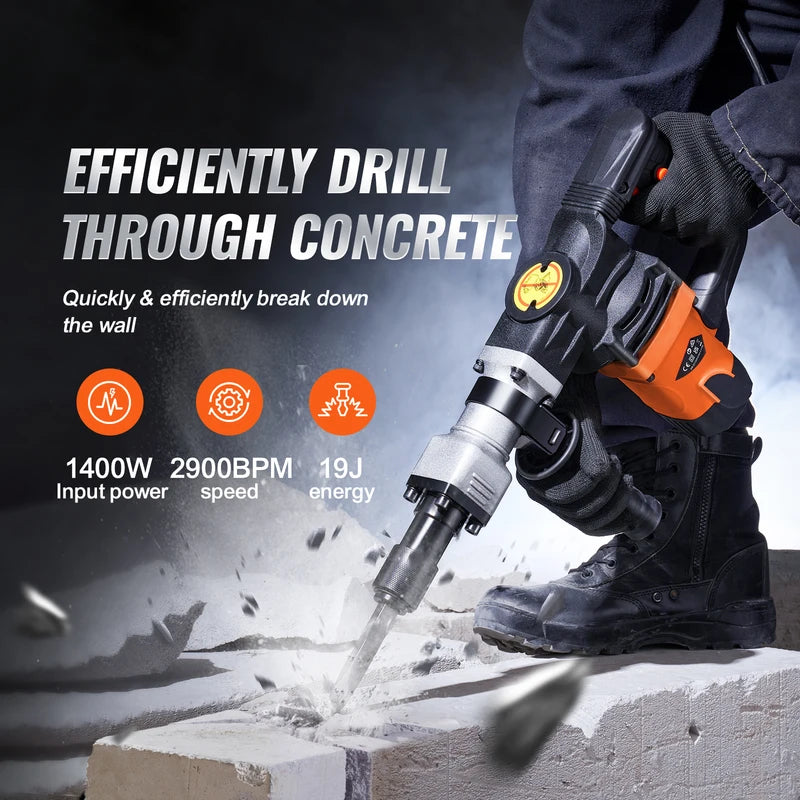 1400W Electric Demolition Jack Hammer Heavy Duty Concrete Breaker with 2 Chisels