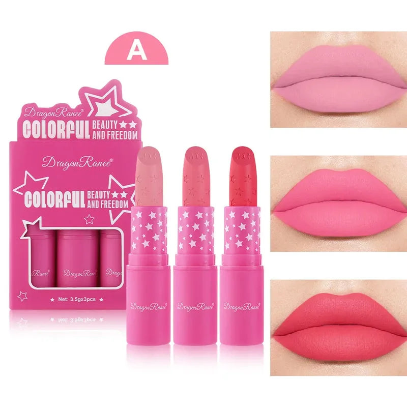 3-Piece Matte Lipstick Set Waterproof Long-Lasting High Pigment Lip Makeup