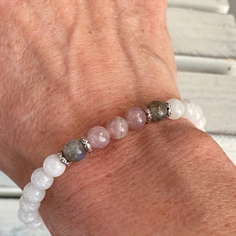 Moonstone Labradorite Rose Quartz Bracelet Calm Spiritual Positive Energy Protection Stress Relief