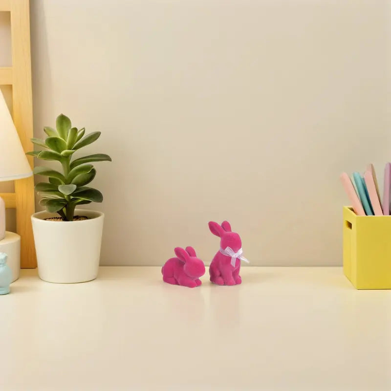 Pink Flocked Easter Bunny Statues Set - Resin Spring Home Decor, Tabletop & Garden