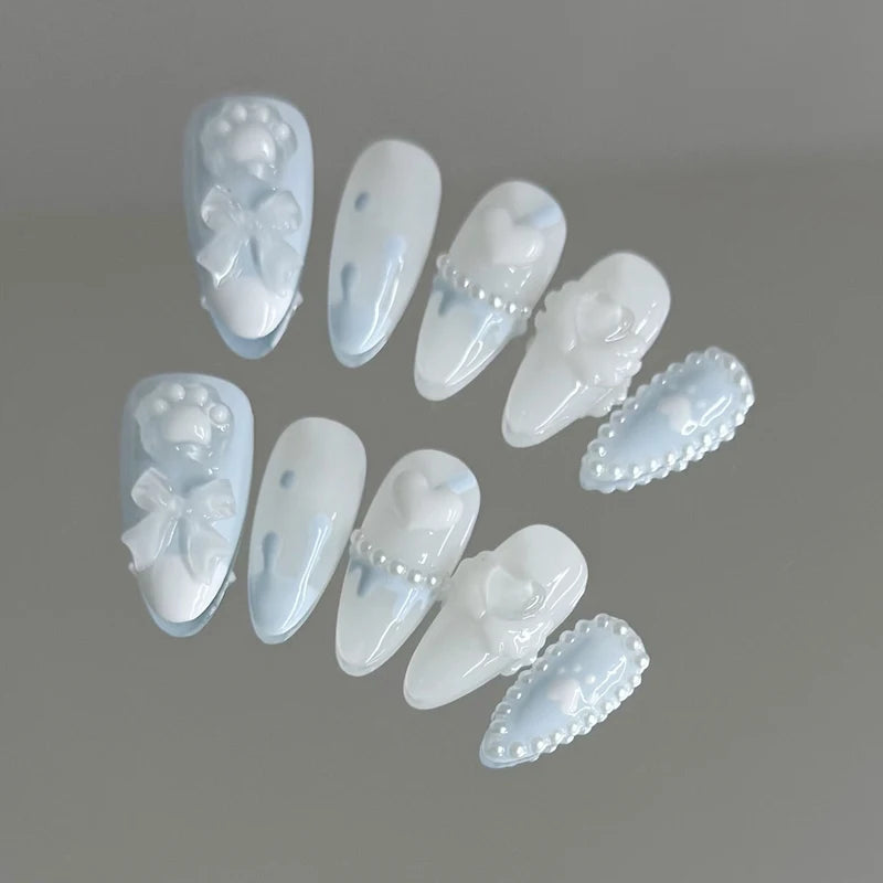 Handmade Press-On Nails with Bear Paw Design - Light Blue Fake Nail Tips, Full Cover, Korean Style