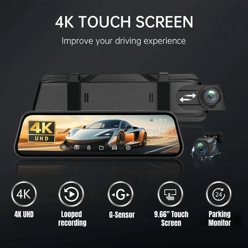 UHD 4K Dual Lens Car Dash Cam with Mirror Display 9.66 Inch IPS Screen and 32GB Card
