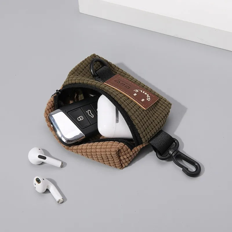 Mini Corduroy Key & Earbud Pouch with Clip - Small Storage Bag for Keys, Coins, AirPods