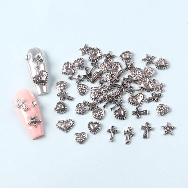 50PCS Mixed 3D Punk Silver Heart Cross Nail Charms for Manicure Nail Art