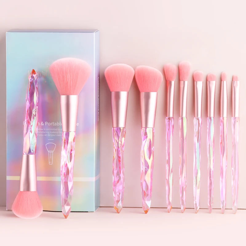 10-Piece Makeup Brush Set with Crystal Handles and Case - Includes Powder and Foundation Brushes