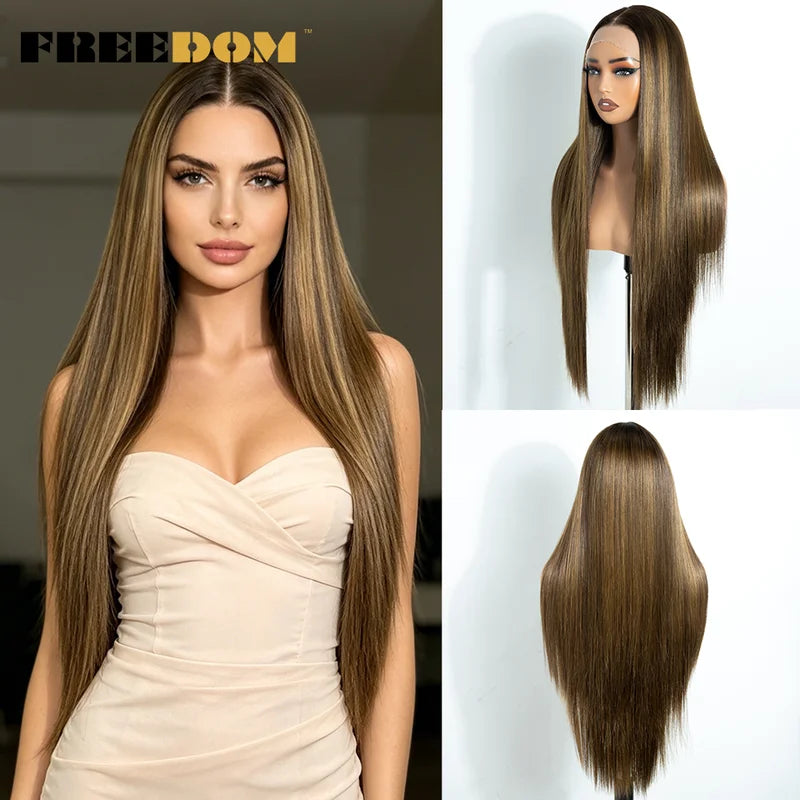 Pre-Plucked Synthetic Lace Front Wig for Black Women 30 Inch Ombre Brown Straight Hair