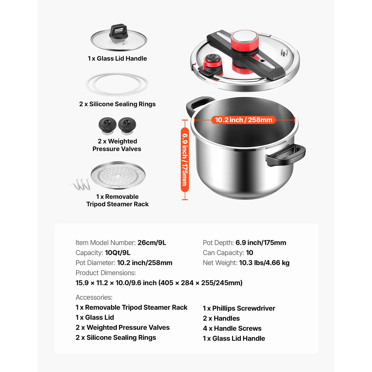 Stainless Steel Pressure Cooker 6.3 Qt with Steaming Rack and Glass Lid - Compatible with Gas, Electric, Induction Stovetops