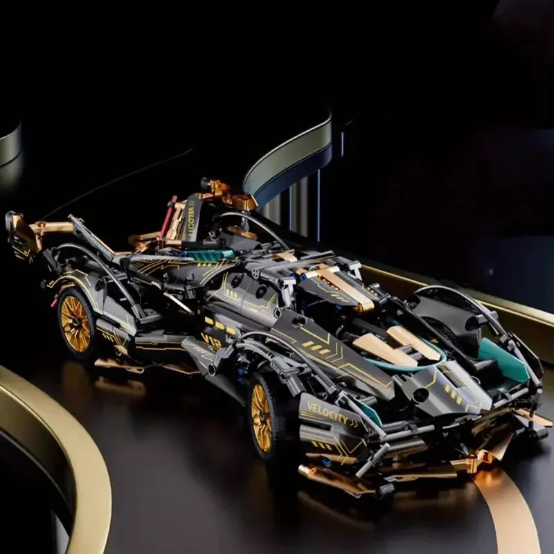 Wooden Building Block Racing Car Model - Black & Gold Desktop Decor Gift