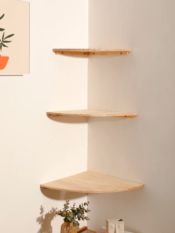Floating Corner Wall Shelf with Scalloped Edges - Wooden Ledge for Living Room Bedroom Kitchen