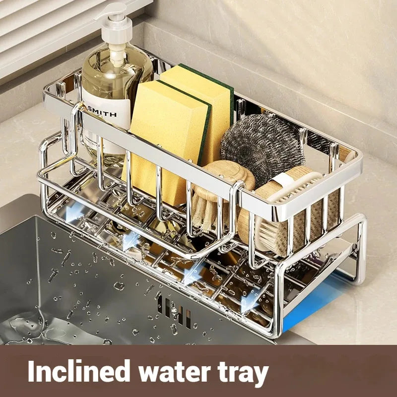 Multi-Functional Stainless Steel Sink Organizer with Sponge Soap Towel Rack