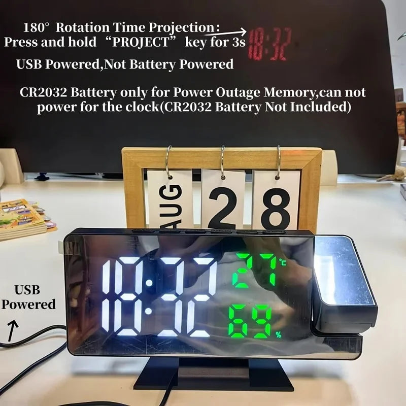 Digital Projection Alarm Clock with Rotation & Night Mode, Temperature & Humidity Display